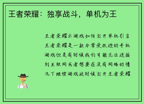 王者荣耀：独享战斗，单机为王